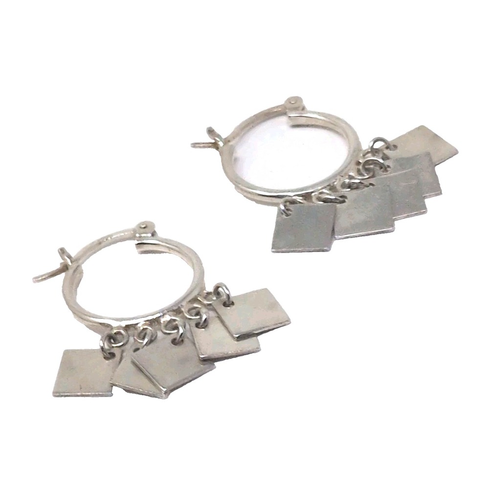 Vintage Mexico 925 Sterling Silver Hoop Earrings Square Fringe Dangles 4.55g